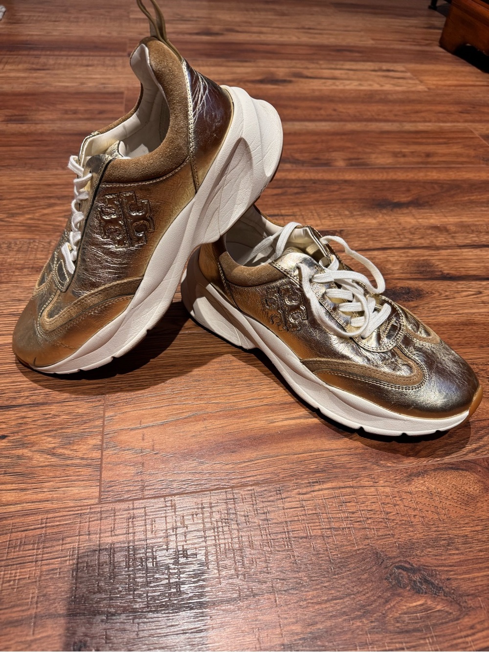 Tory Burch Metallic Gold and White Platform Sneakers